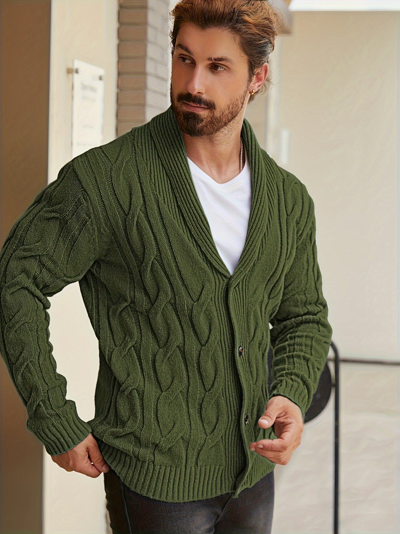 Mens Geometric Print Casual Long Sleeve Knitted Lapel Button Up Sweater