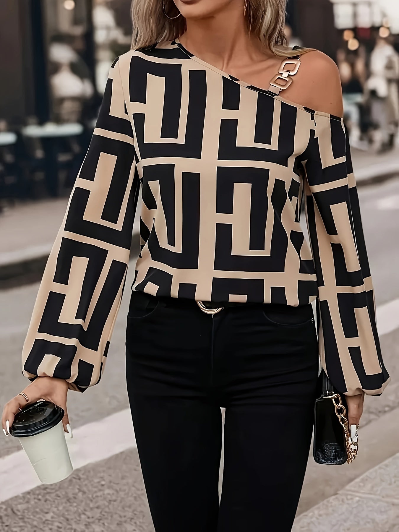 Womens Elegant Off-Shoulder Geometric Print Asymmetrical Loose Fit Chain Detail Top