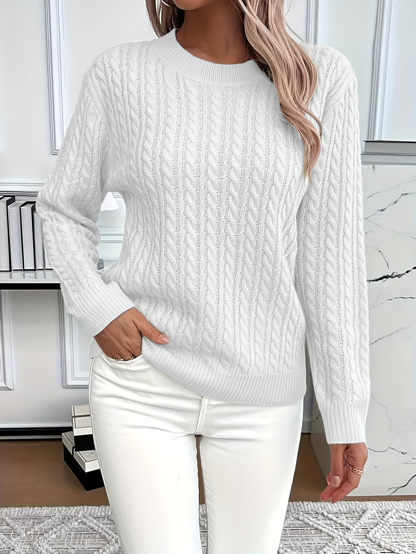 Womens Casual Loose-Fit Round Neck Long Sleeve Solid Colour Rib Design Pullover Sweater