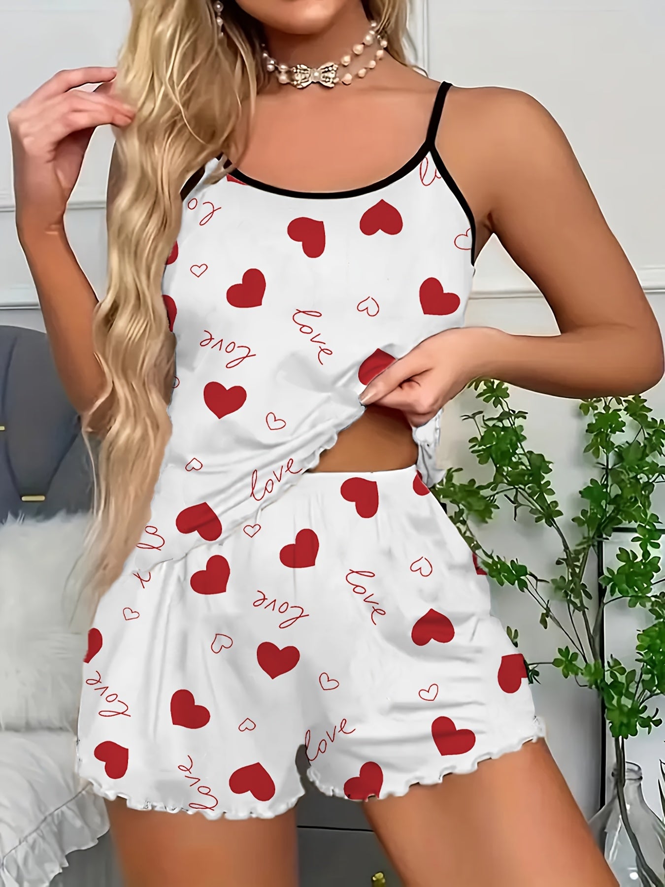 Womens Sexy Love Heart Print Spaghetti Strap Cami & Shorts Pyjama Set