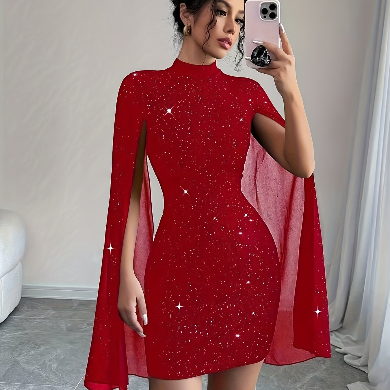 Womens Sexy Semi-Sheer Round Neck Long Sleeves Bodycon Party Dress