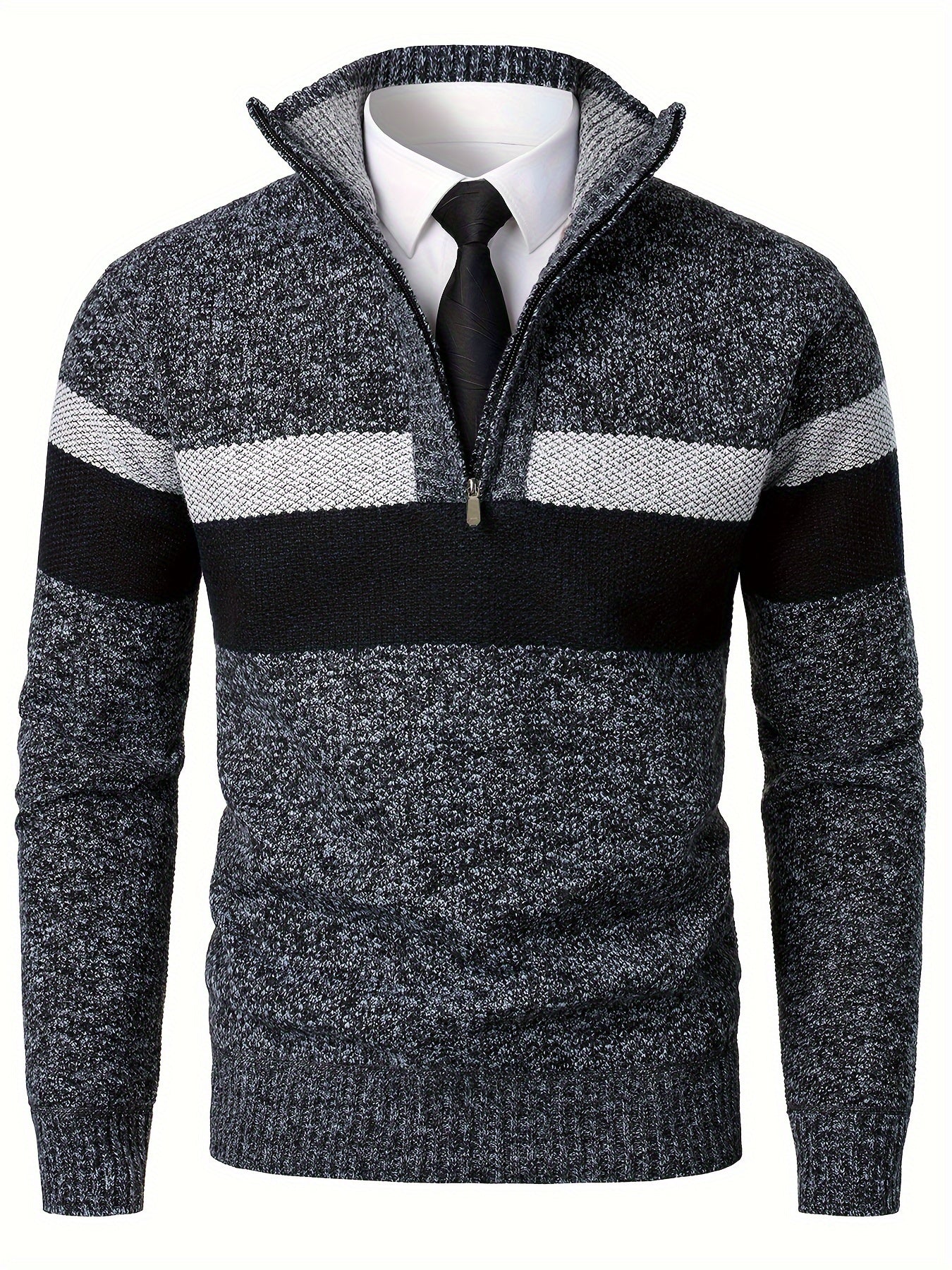 Mens Thick Fleece-Lined Casual Colour Block Stand Collar Knitted Half Zip Long Sleeved Sweater