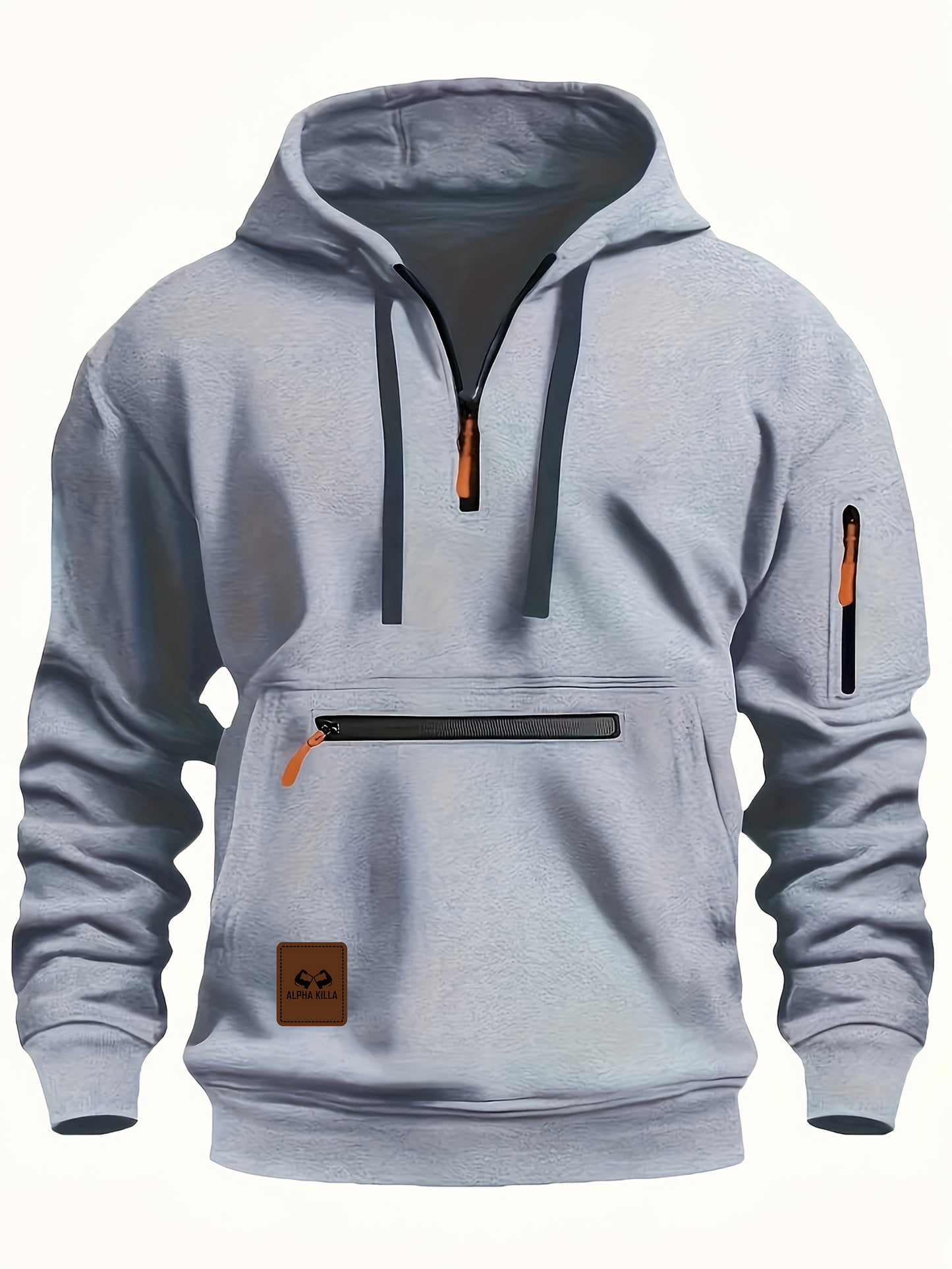 Mens Casual Hooded Zipper Pockets Half Zip Collar Solid Colour Pullover Sweatshirt
