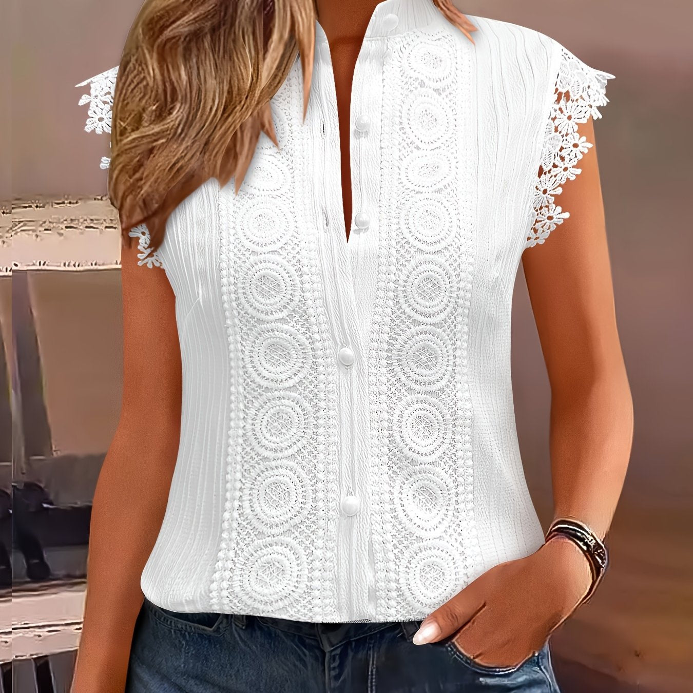Womens Elegant V-Neck Sleeveless Button-Up Lace Detail Top