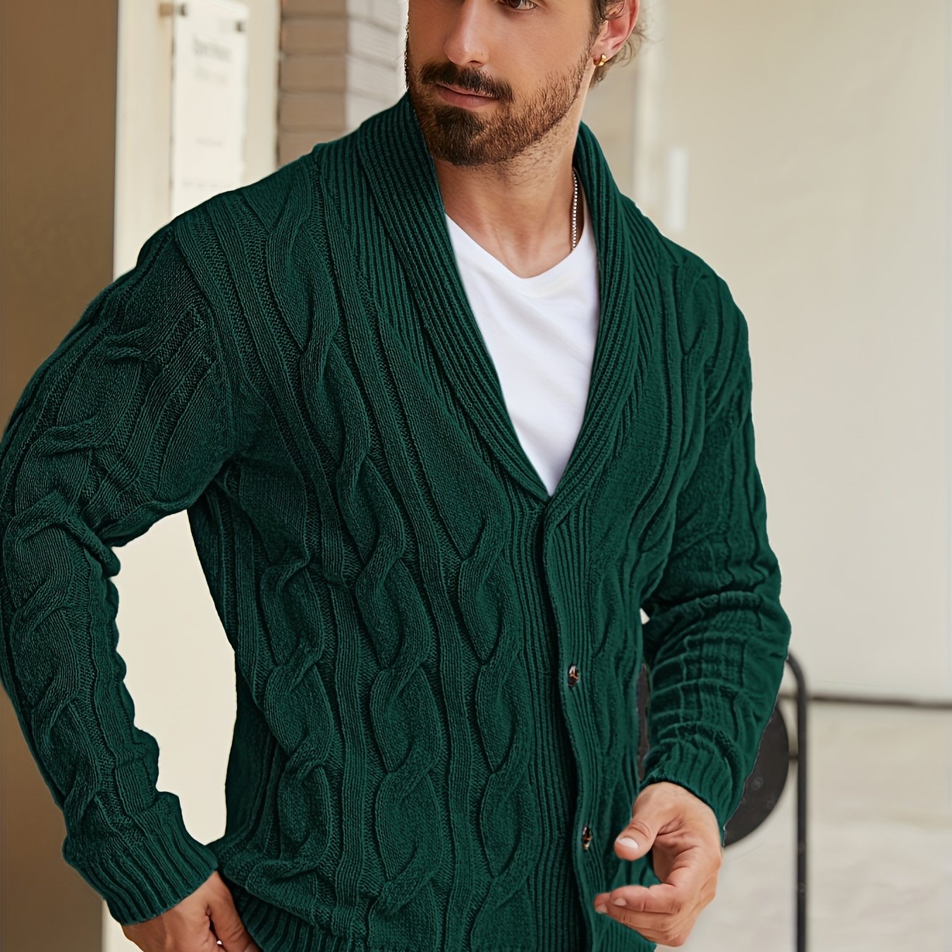 Mens Geometric Print Casual Long Sleeve Knitted Lapel Button Up Sweater
