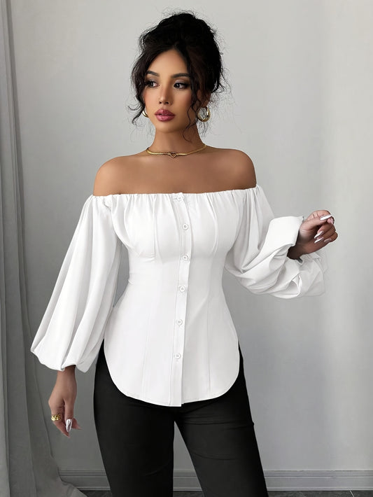 Womens Elegant Off-Shoulder Puff Sleeve Slim Fit Solid Colour Top