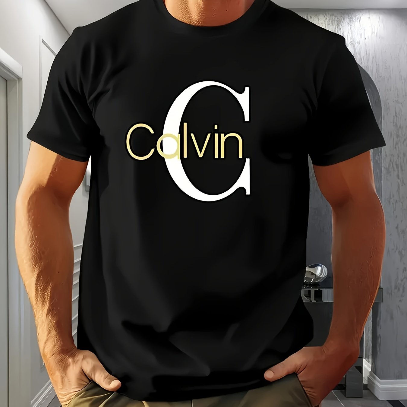 Mens Casual Short Sleeve Summer Breathable Round Neck Bold 'Calvin' Graphic Print Tshirt