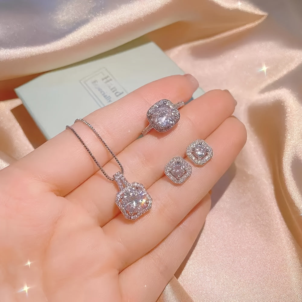 Womens Elegant 3pcs 925 Silver Plated Moissanite Jewellery Set