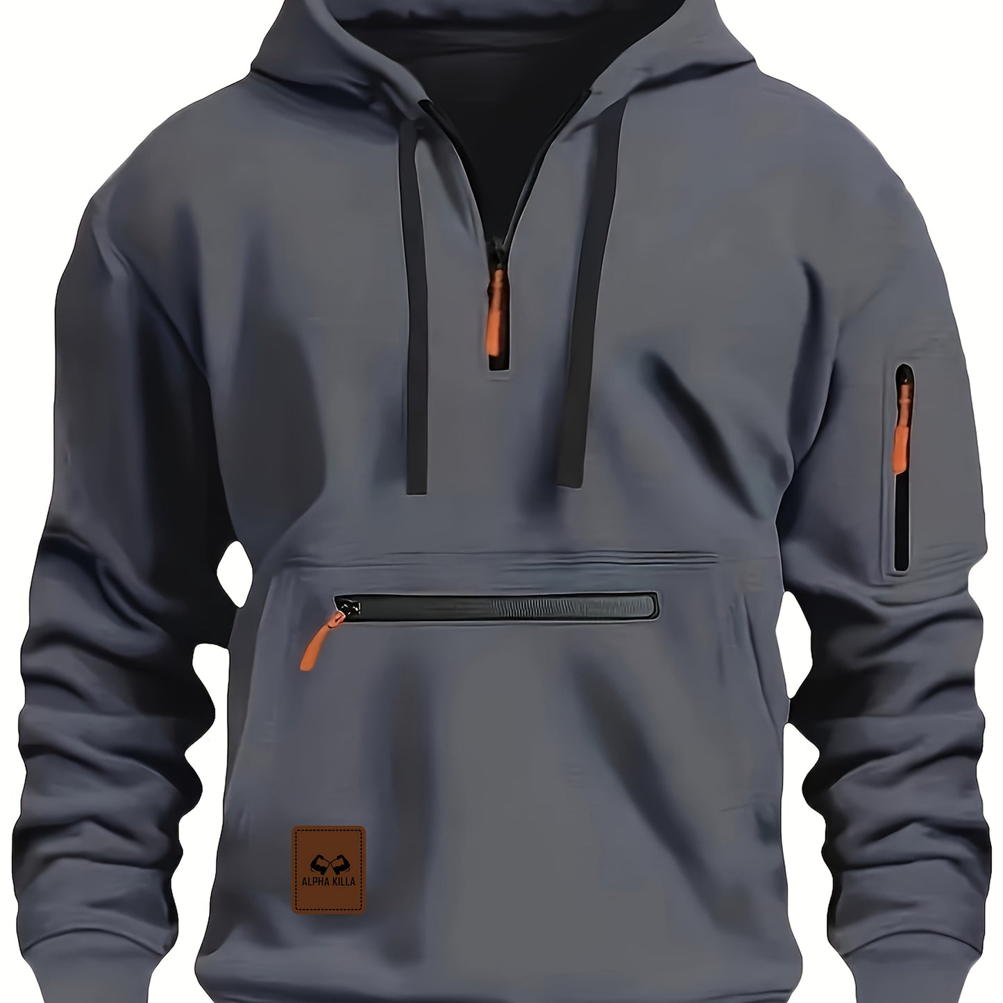 Mens Casual Hooded Zipper Pockets Half Zip Collar Solid Colour Pullover Sweatshirt