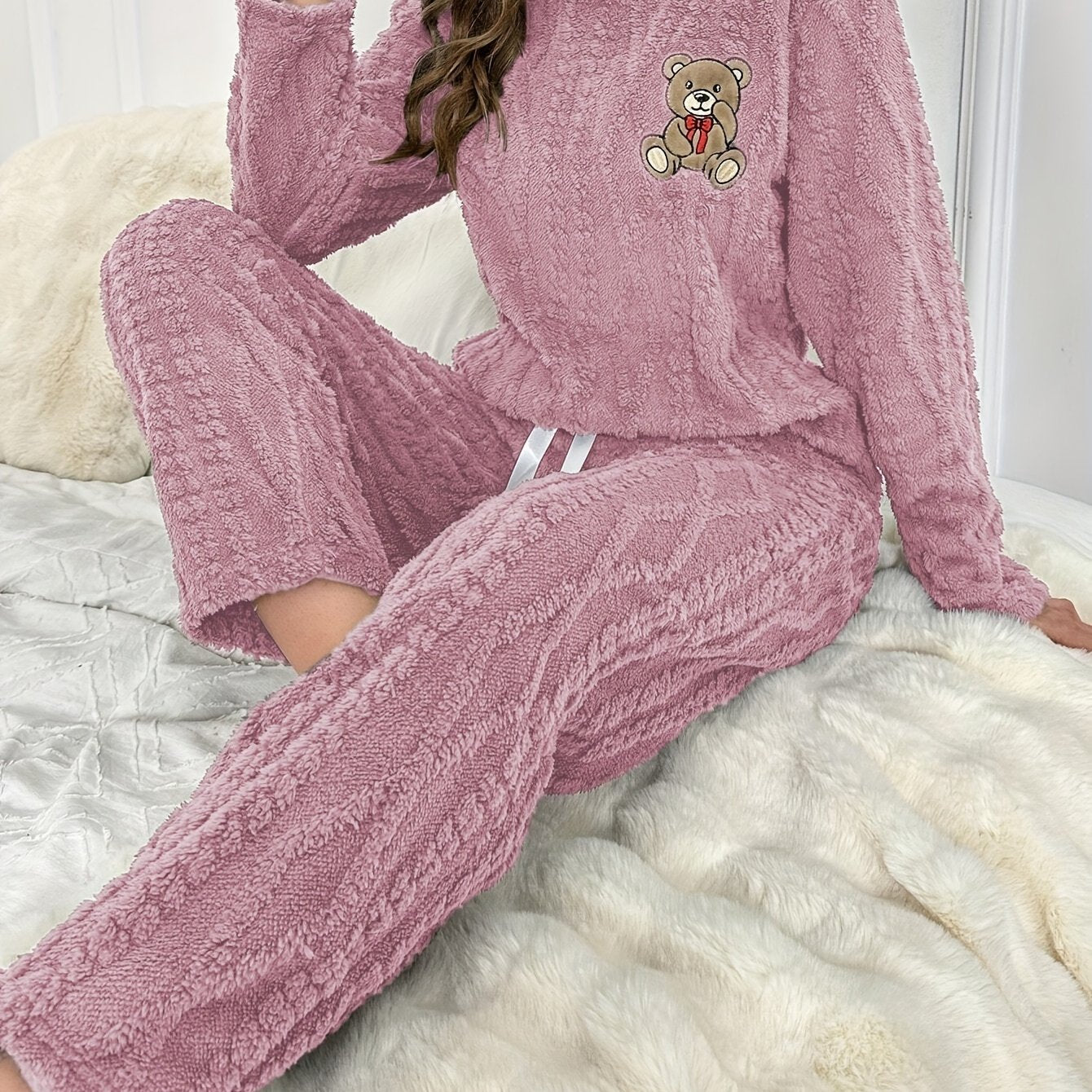 Womens Casual Bear Embroidered Thick Long Sleeve Round Neck Top & Pants Set