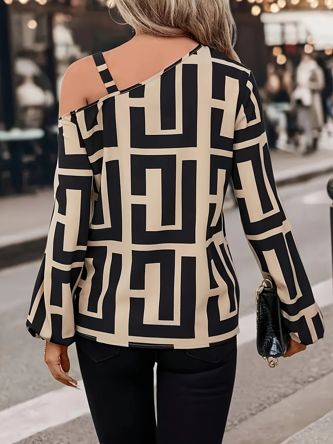 Womens Elegant Off-Shoulder Geometric Print Asymmetrical Loose Fit Chain Detail Top