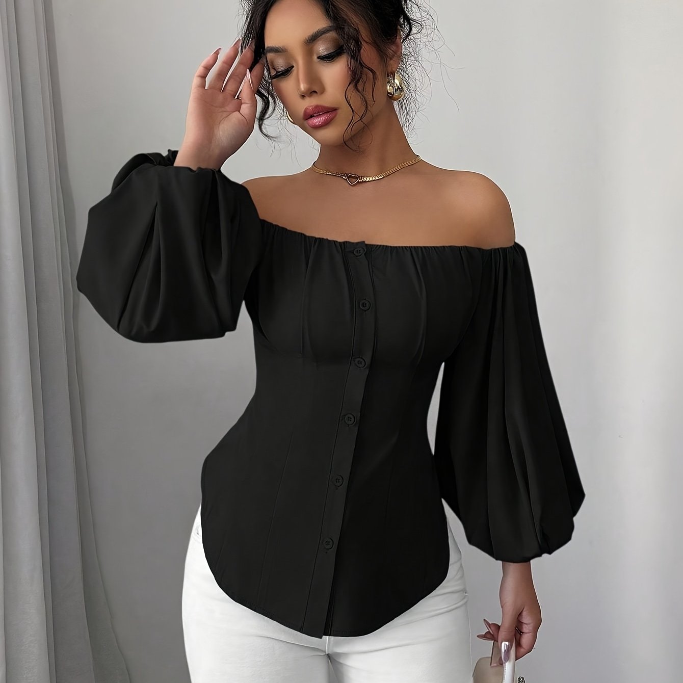 Womens Elegant Off-Shoulder Puff Sleeve Slim Fit Solid Colour Top