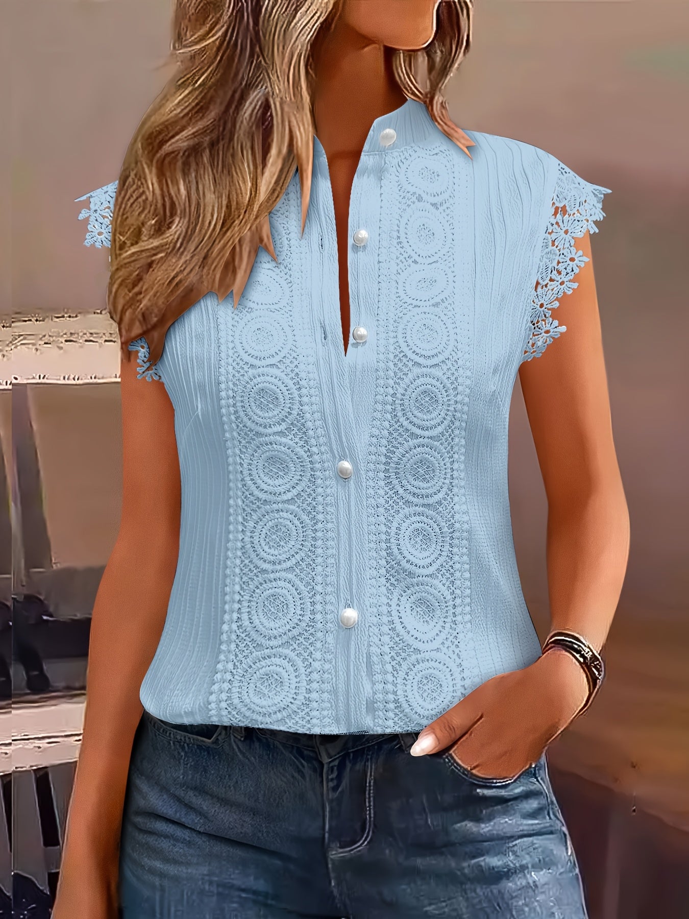 Womens Elegant V-Neck Sleeveless Button-Up Lace Detail Top