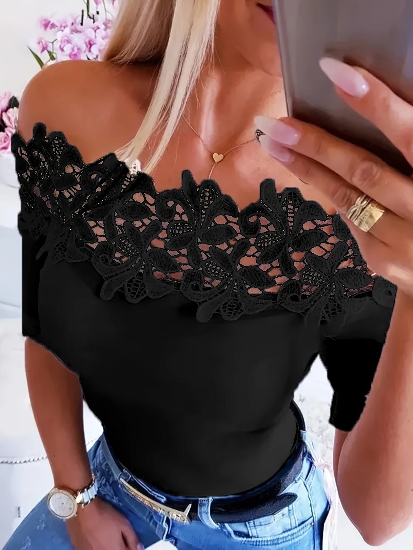 Womens Chic Elegant Off-Shoulder Lace Trim Short Sleeve Top