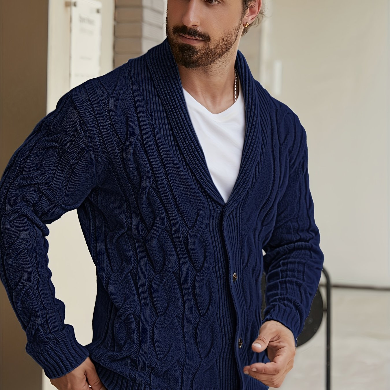 Mens Geometric Print Casual Long Sleeve Knitted Lapel Button Up Sweater