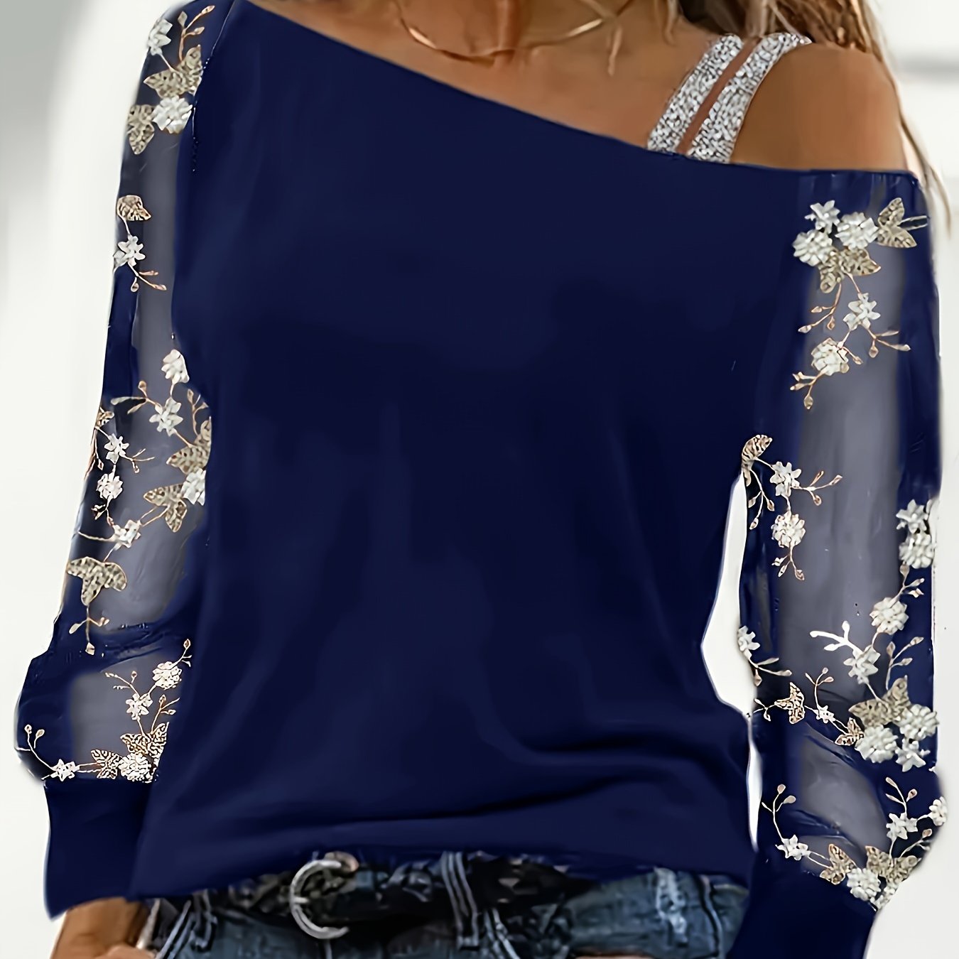 Womens Chic Floral Embroidery Asymmetrical Neck Long Sleeve Top