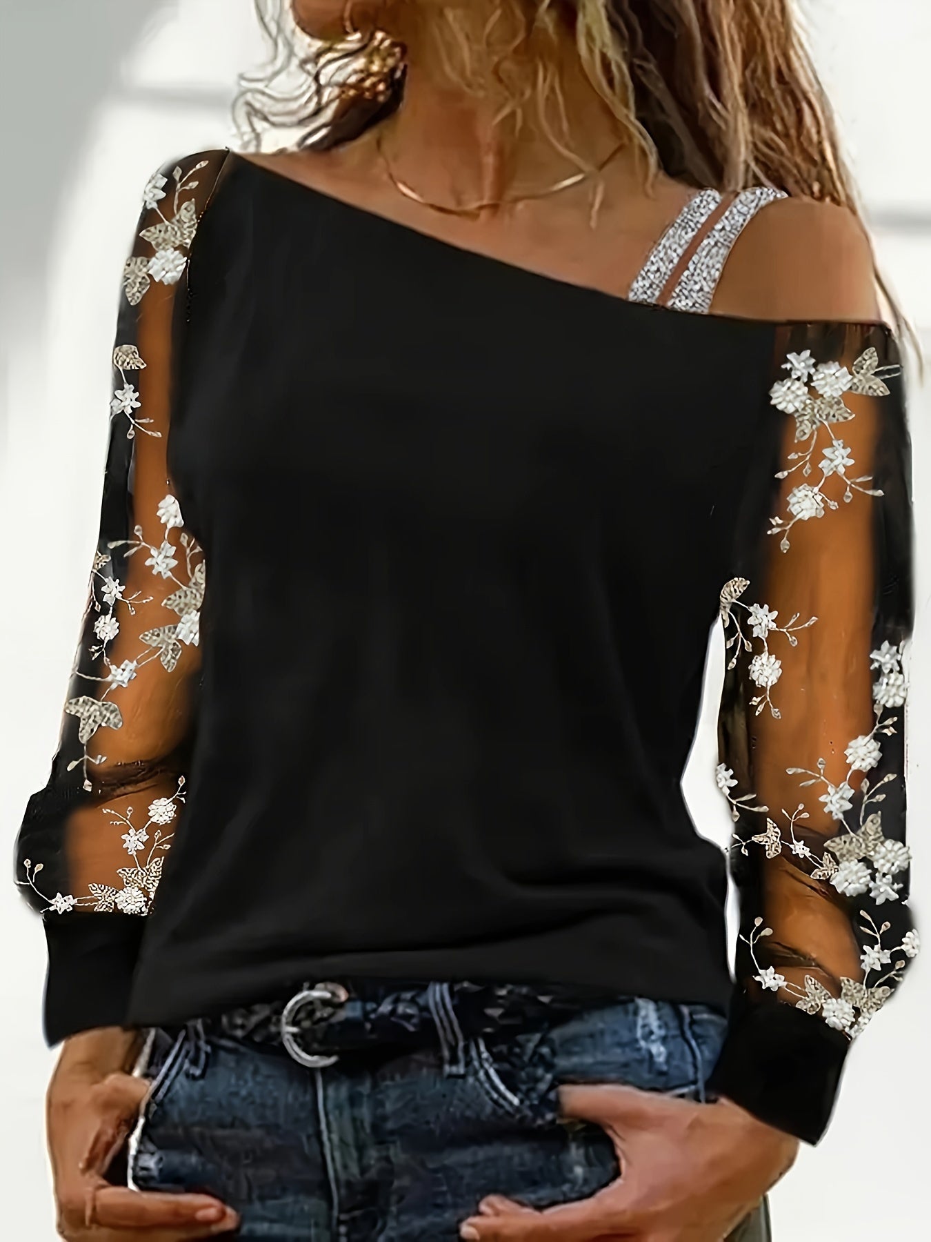 Womens Chic Floral Embroidery Asymmetrical Neck Long Sleeve Top
