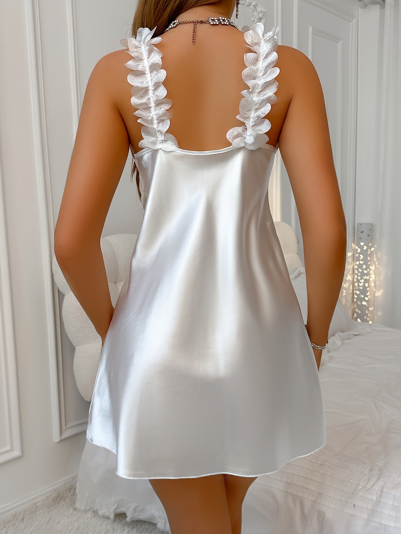 Womens Elegant Soft Satin V-Neck Ruffled Neck Nightgown
