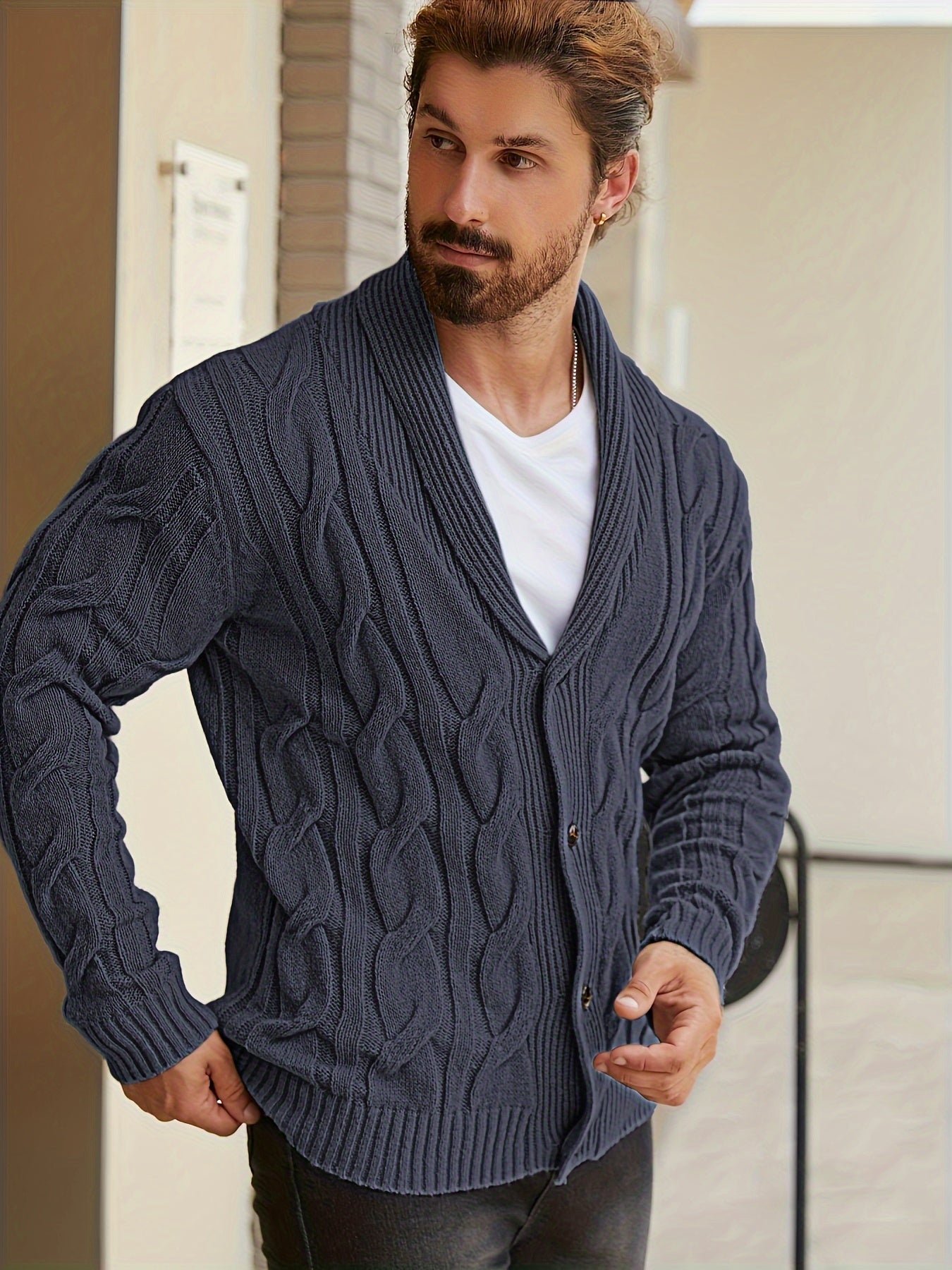 Mens Geometric Print Casual Long Sleeve Knitted Lapel Button Up Sweater