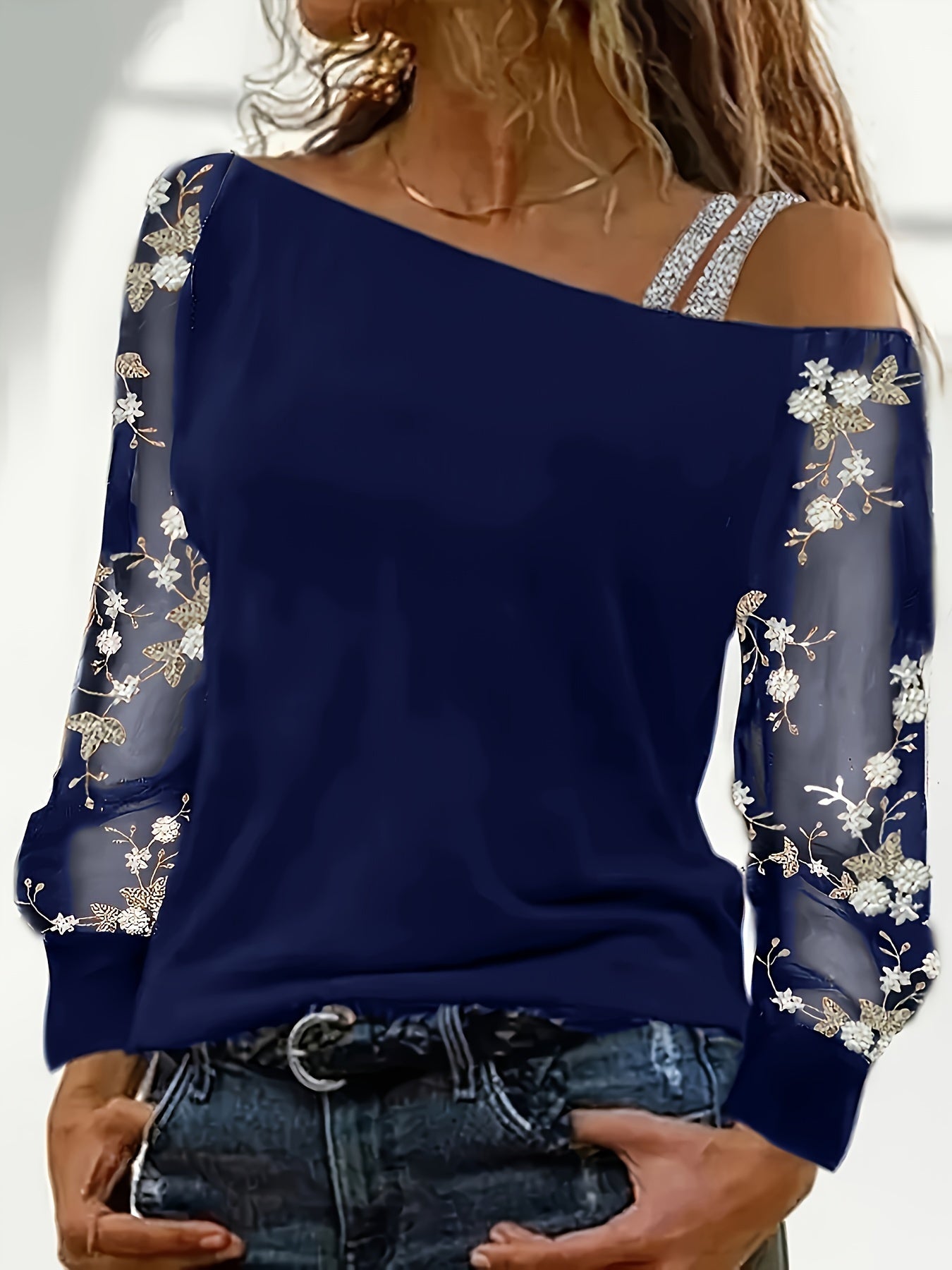 Womens Chic Floral Embroidery Asymmetrical Neck Long Sleeve Top