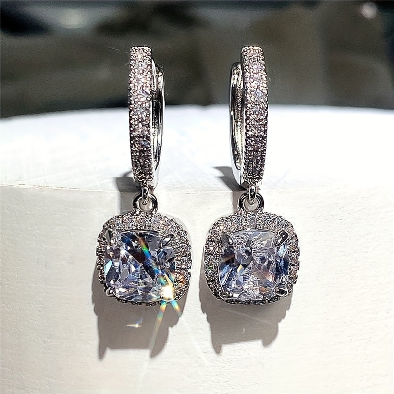 Womens Elegant White Gold Plated Square Zirconia Earrings