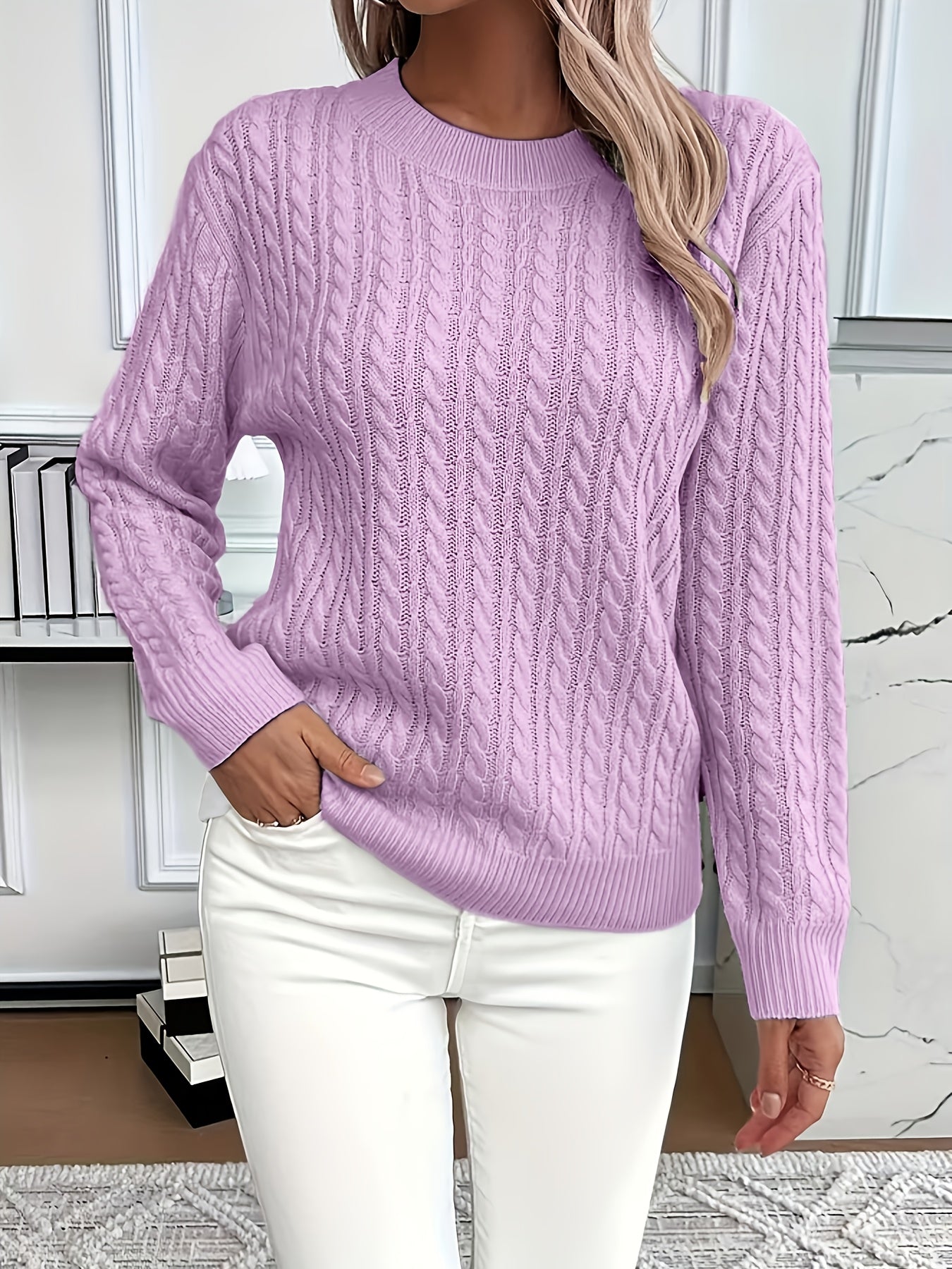 Womens Casual Loose-Fit Round Neck Long Sleeve Solid Colour Rib Design Pullover Sweater