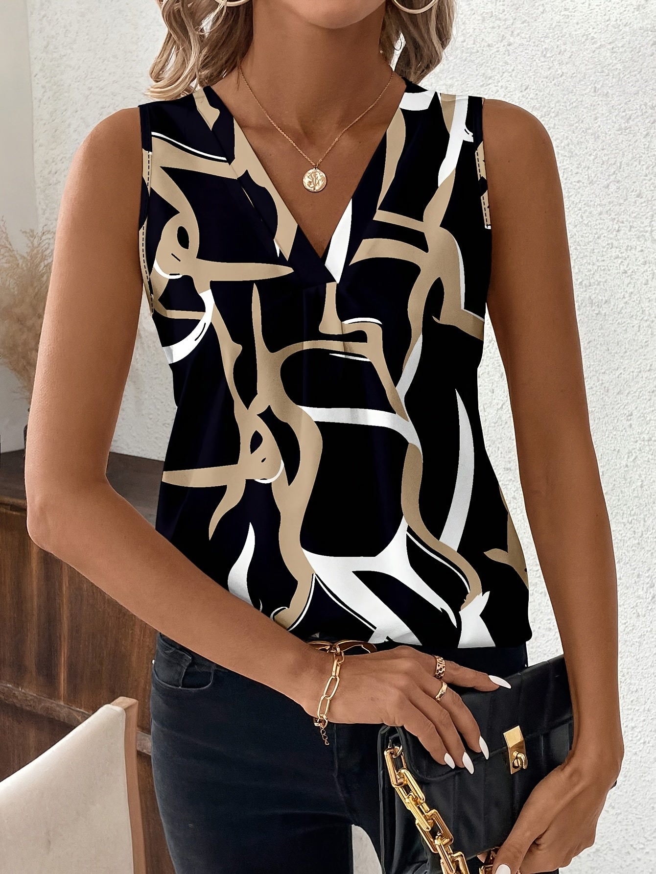 Womens Elegant Geometric Print Sleeveless Vest Top