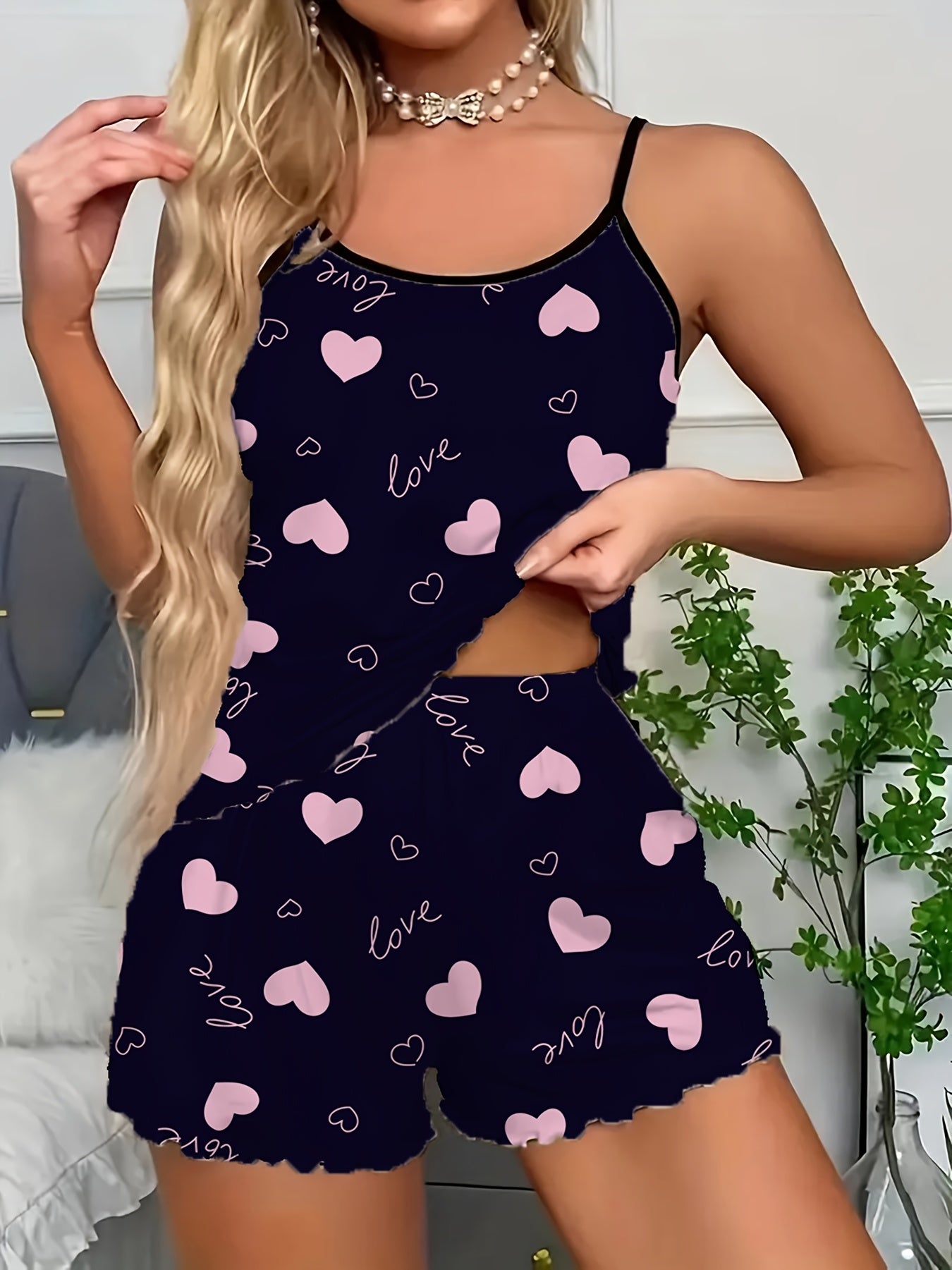 Womens Sexy Love Heart Print Spaghetti Strap Cami & Shorts Pyjama Set