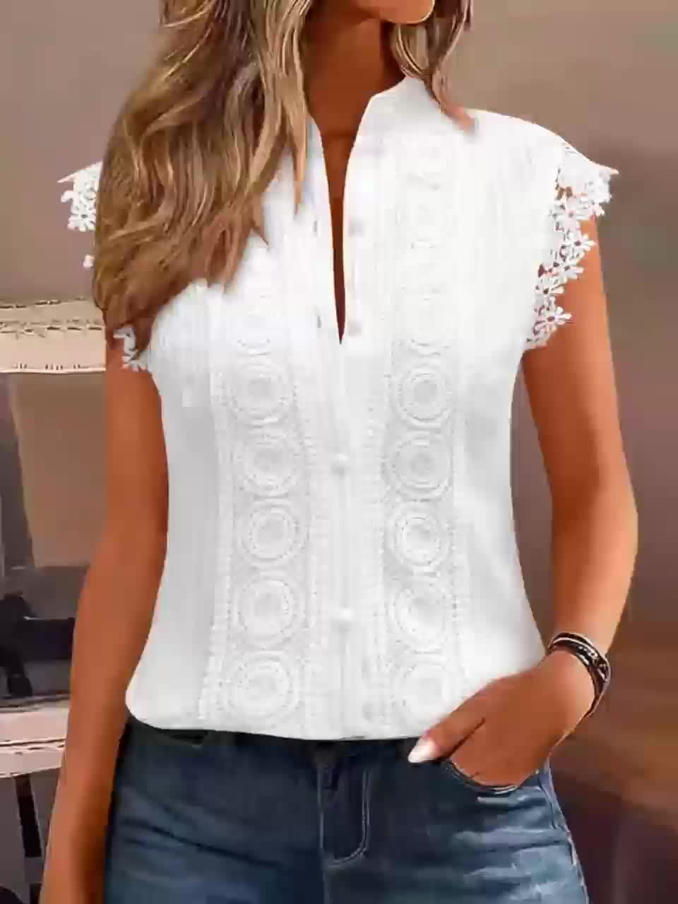 Womens Elegant V-Neck Sleeveless Button-Up Lace Detail Top