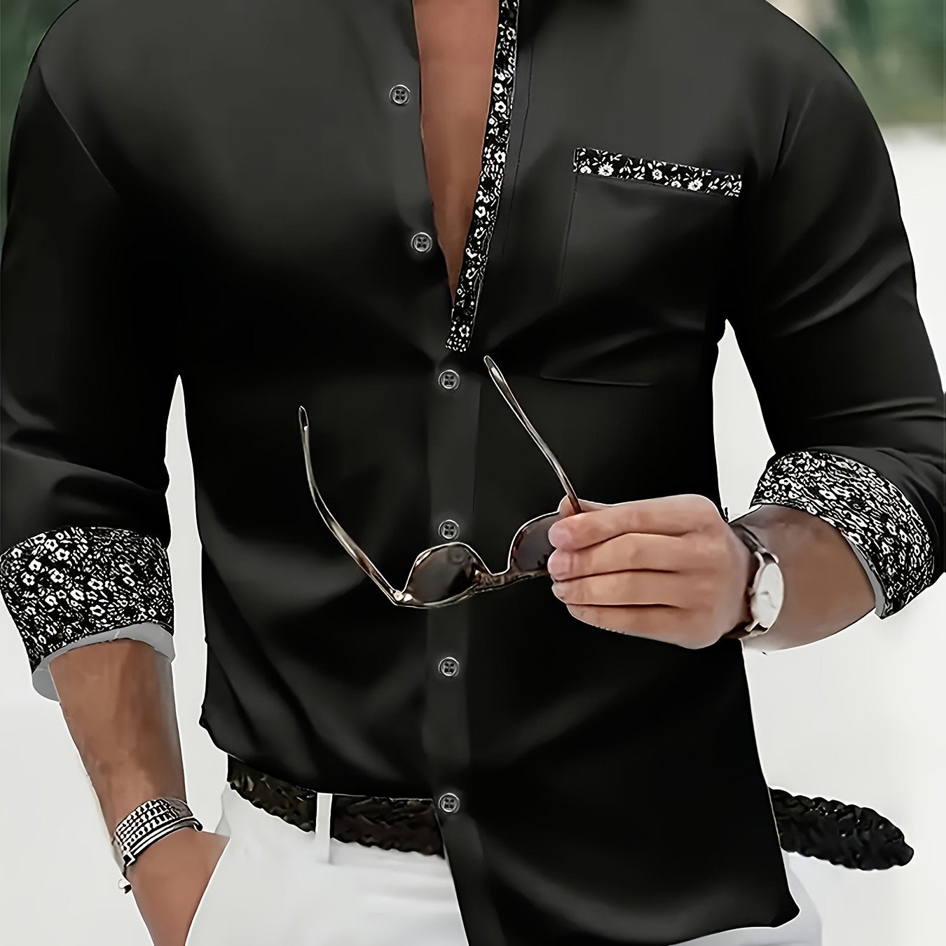 Mens Casual Lapel Collar Long Sleeve Position Print Shirt