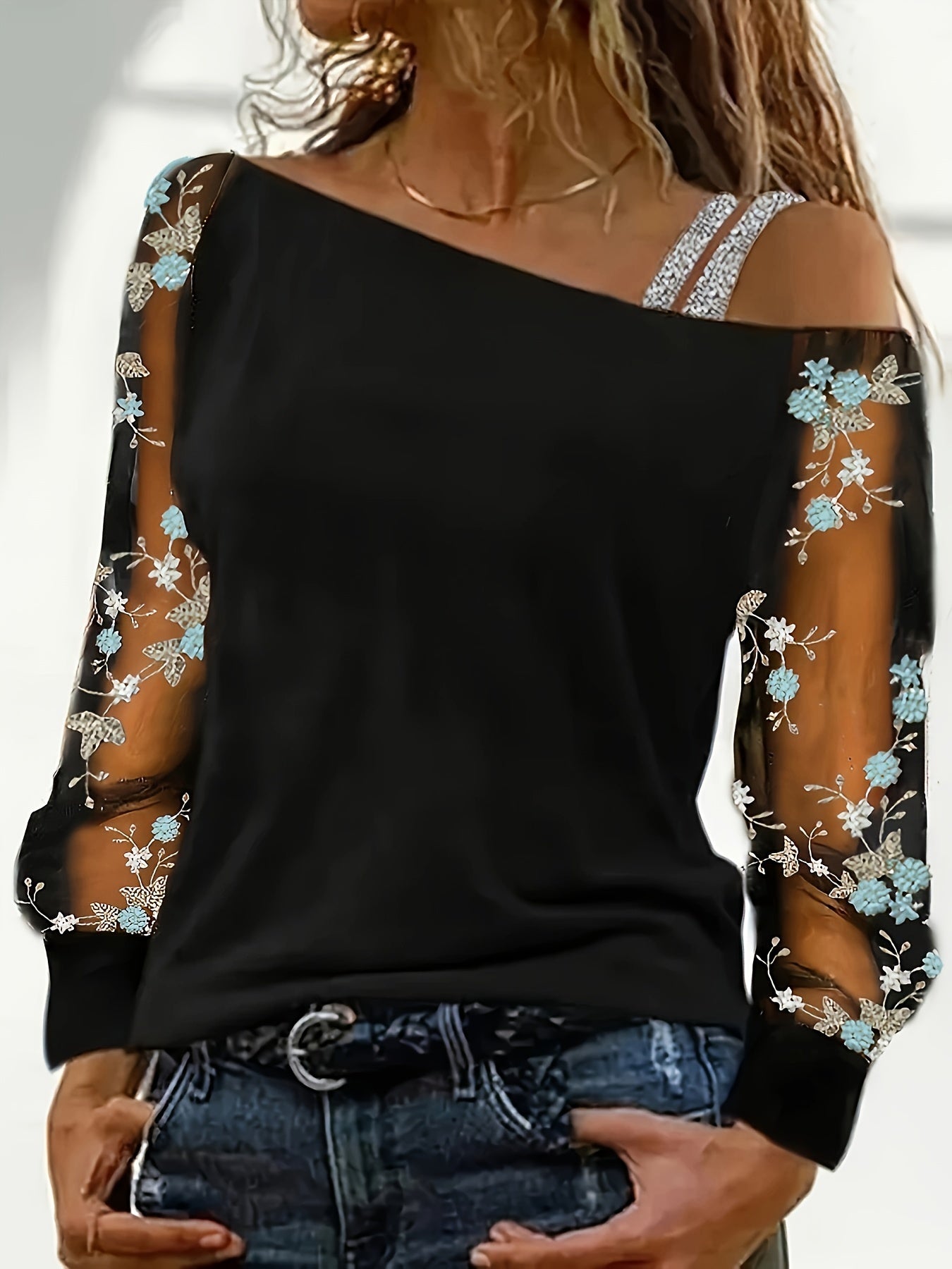 Womens Chic Floral Embroidery Asymmetrical Neck Long Sleeve Top