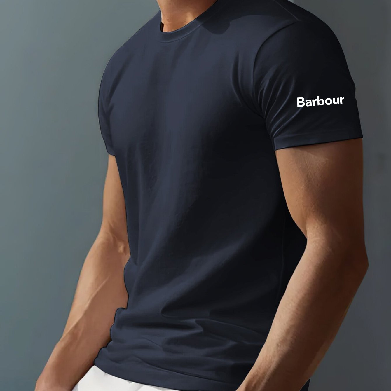 Mens Barbour Casual Round Neck Slightly Stretchy Rib-Knit Collar Letter Print Tshirt