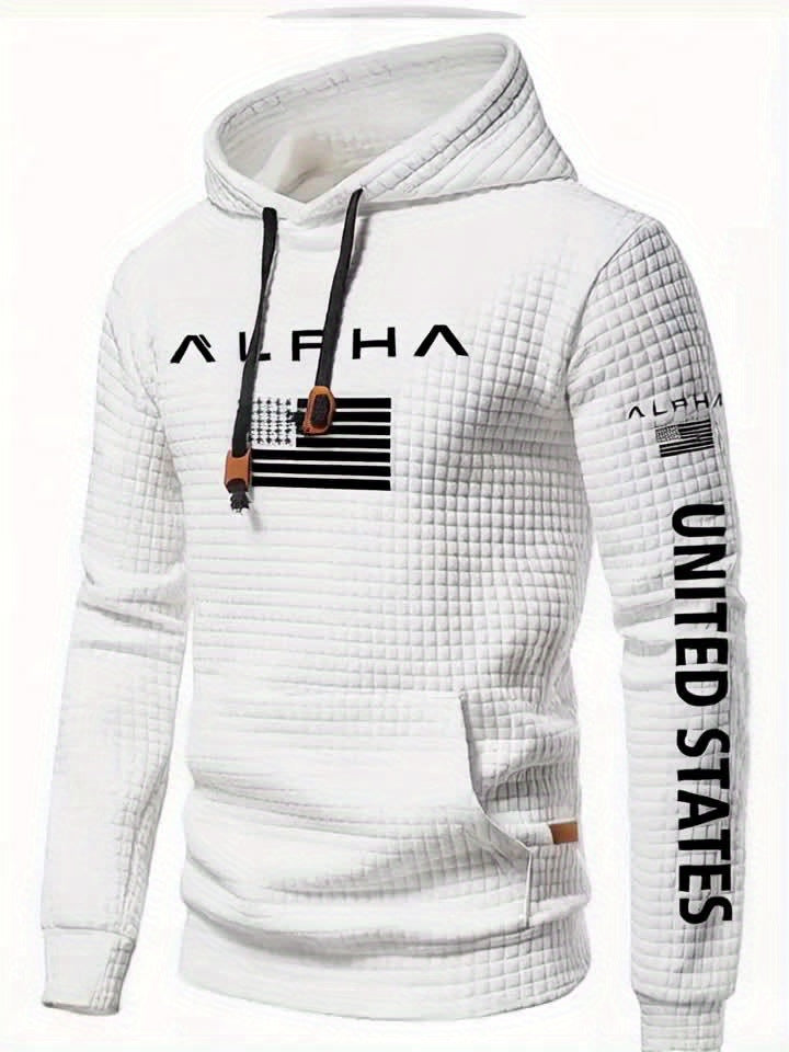 Mens Casual Letter Print Slim Fit Waffle Knit Pullover Hooded Swearshirt