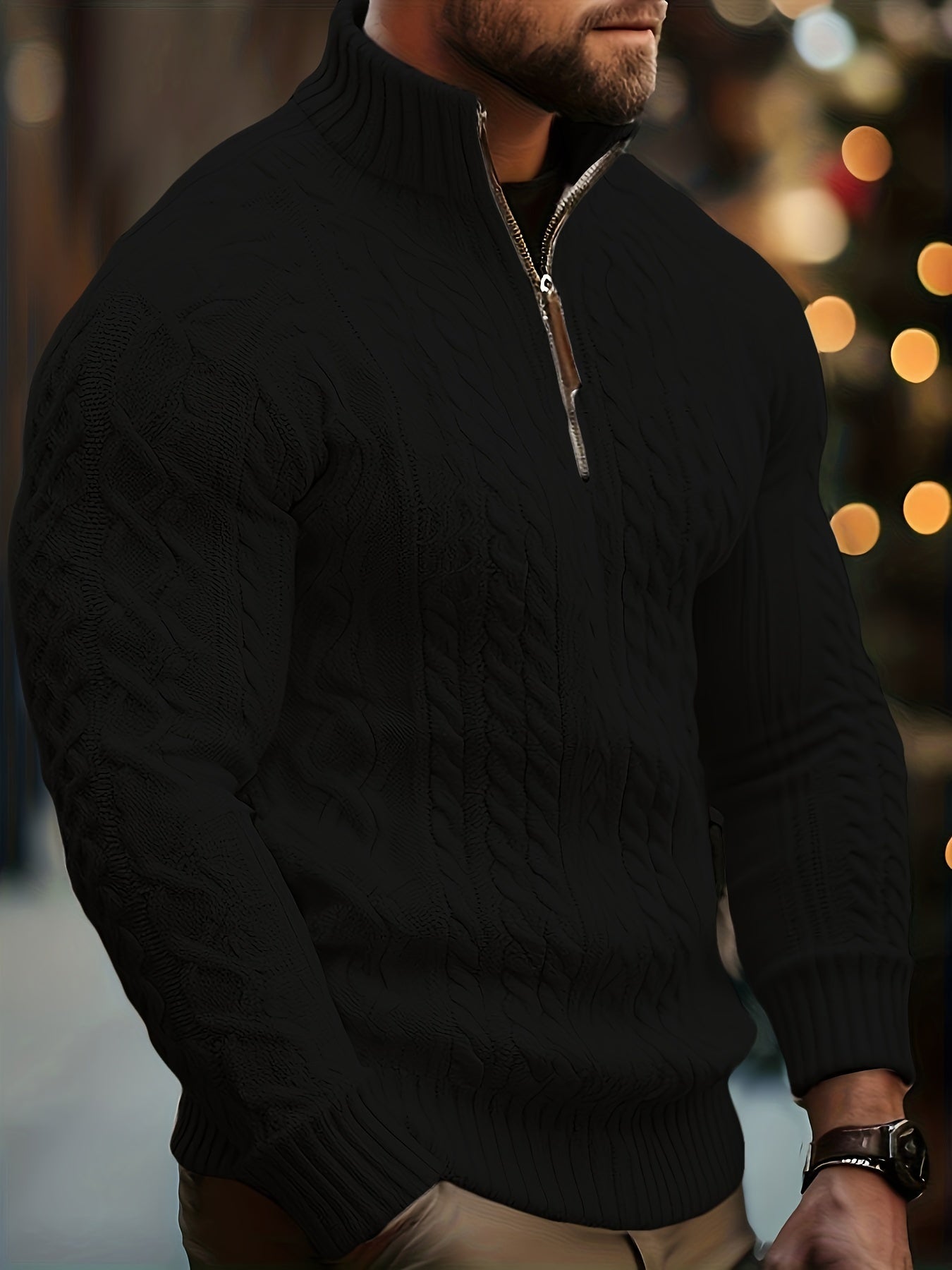 Mens Casual Half-High Collar Zip-Up Cable Knit Classic Pullover Sweater