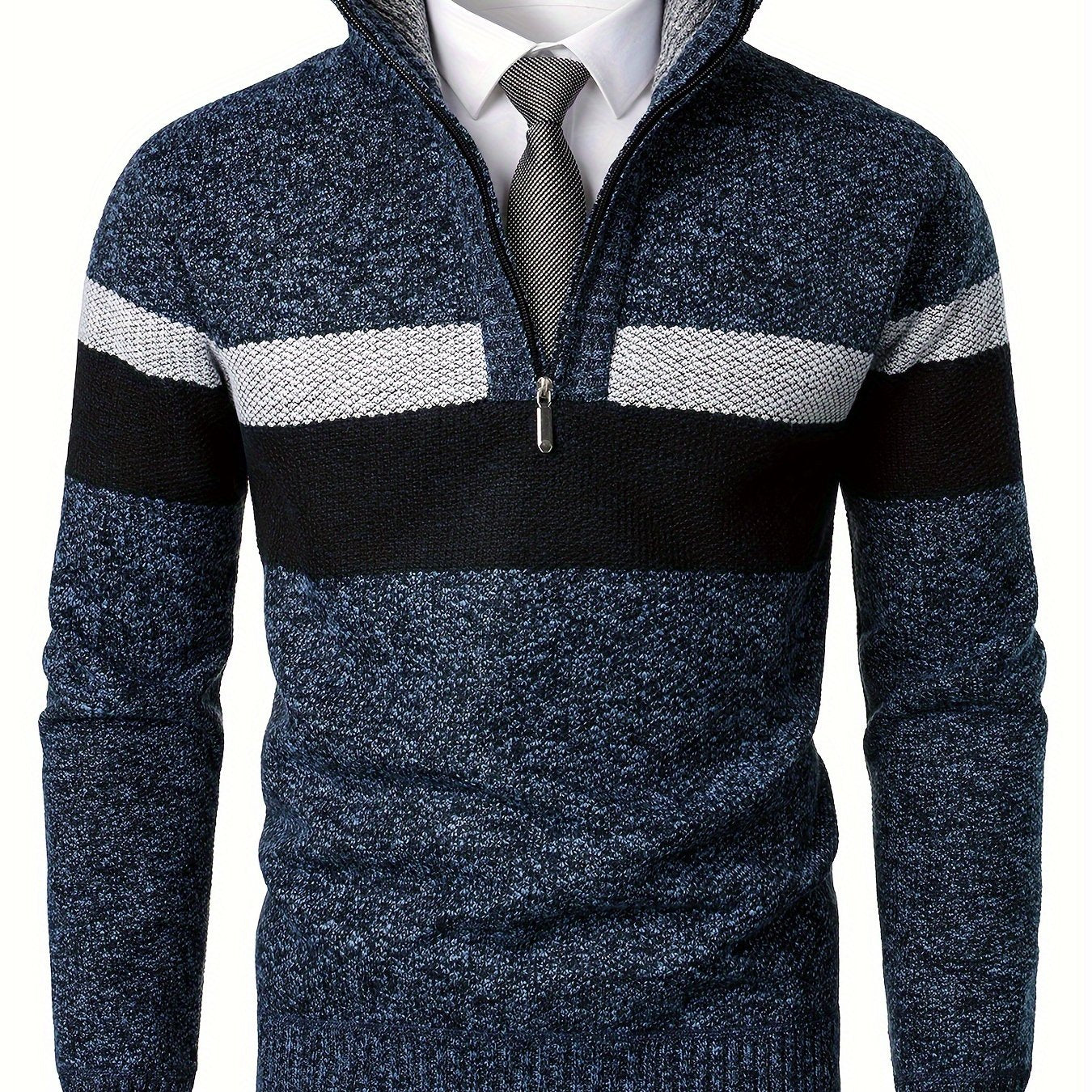Mens Thick Fleece-Lined Casual Colour Block Stand Collar Knitted Half Zip Long Sleeved Sweater