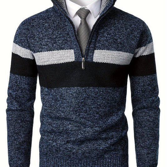 Mens Thick Fleece-Lined Casual Colour Block Stand Collar Knitted Half Zip Long Sleeved Sweater