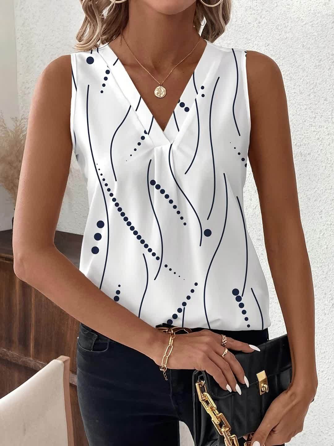 Womens Elegant Geo Print V-Neck Sleeveless Tank Top