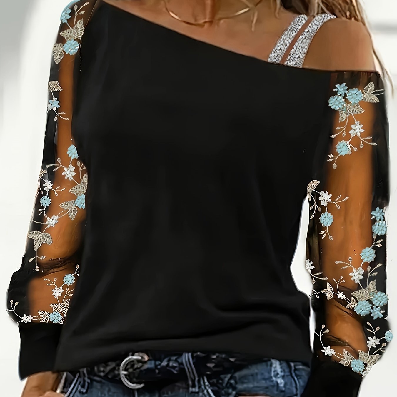 Womens Chic Floral Embroidery Asymmetrical Neck Long Sleeve Top
