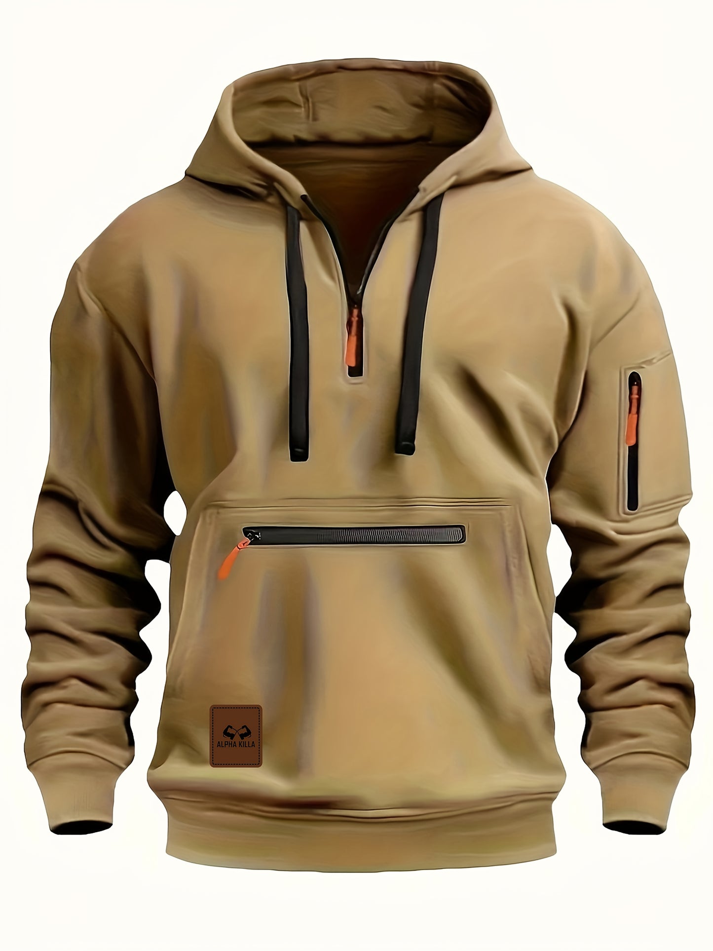 Mens Casual Hooded Zipper Pockets Half Zip Collar Solid Colour Pullover Sweatshirt