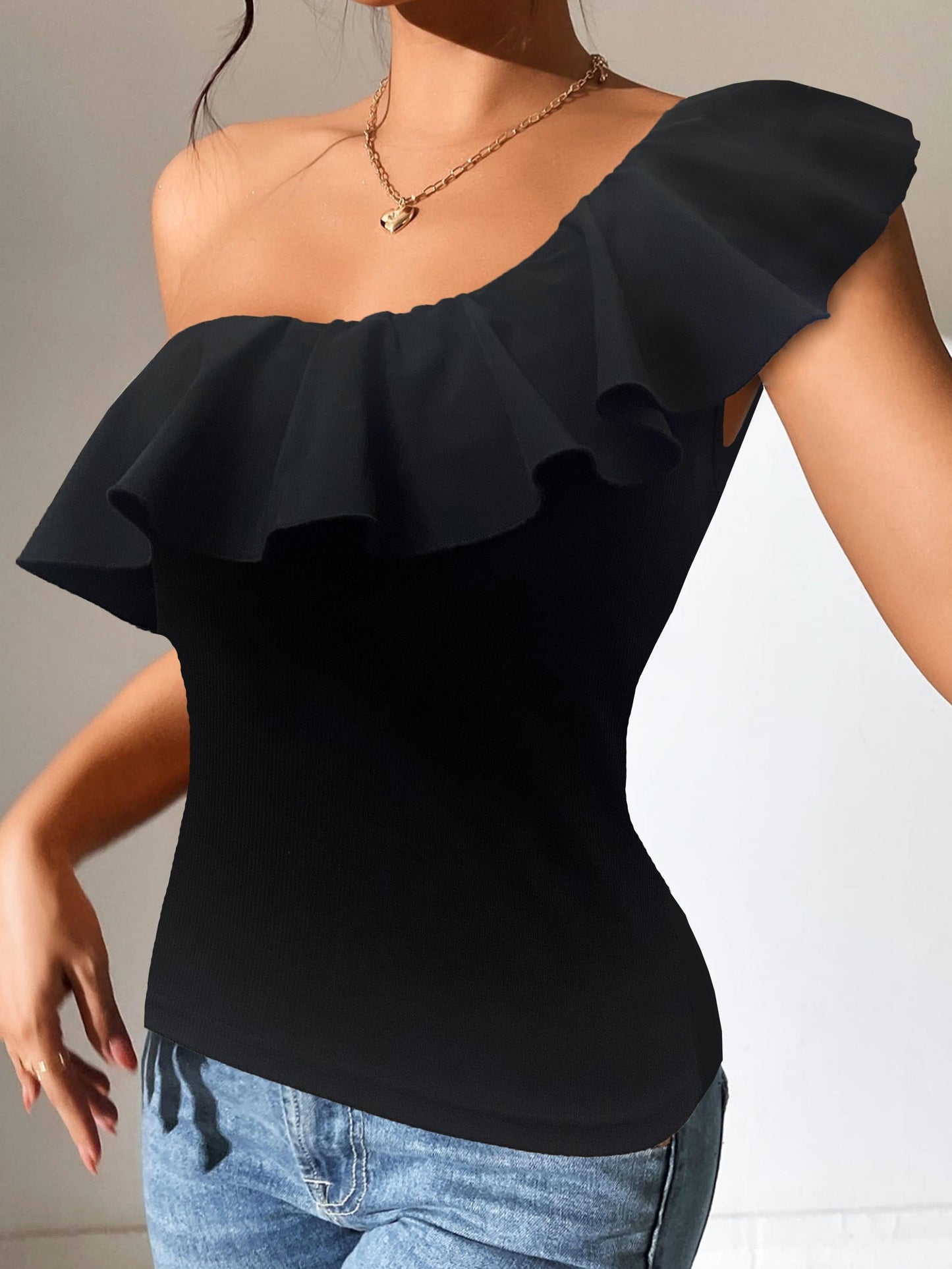 Womens Stretchy Off-Shoulder Ruffle Sleeveless Top