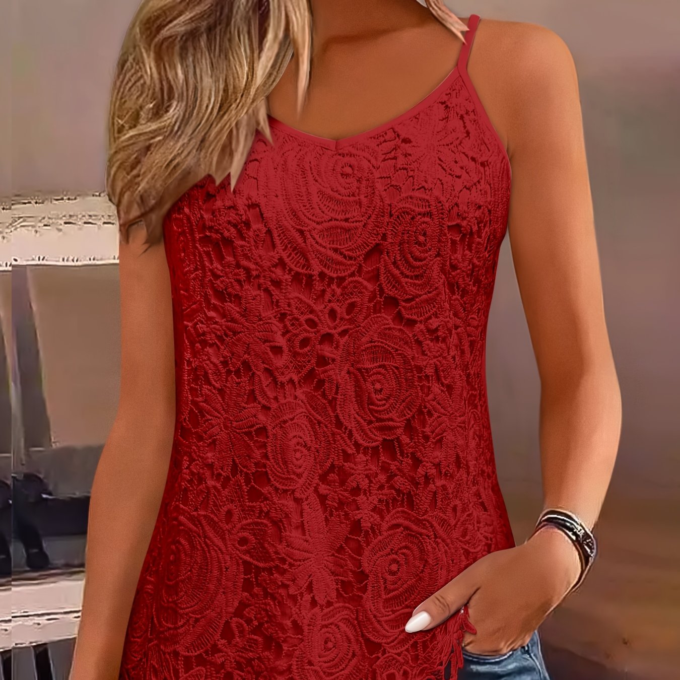Womens Elegant Summer Lace-Trimmed V-Neck Sleeveless Floral Top