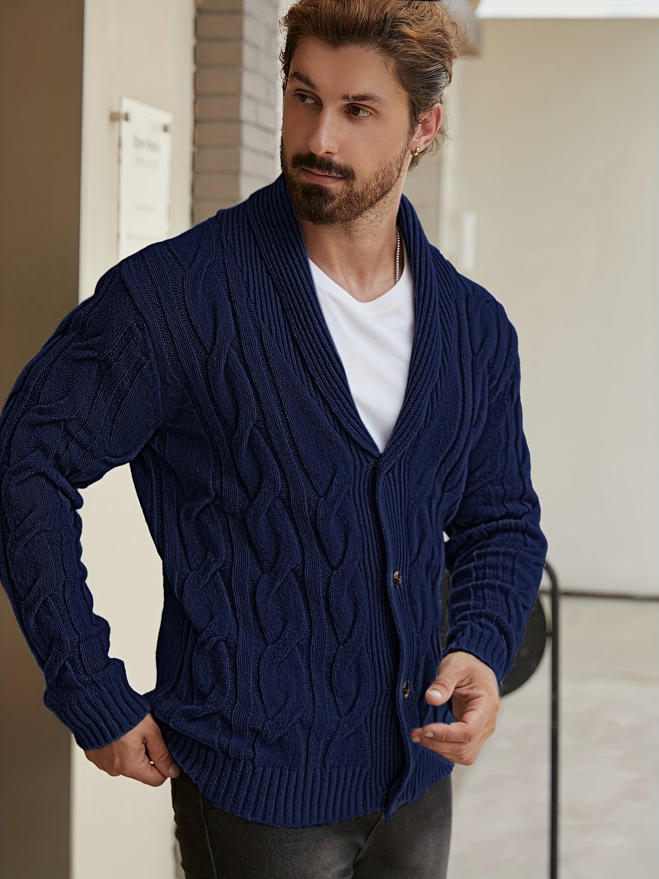 Mens Geometric Print Casual Long Sleeve Knitted Lapel Button Up Sweater