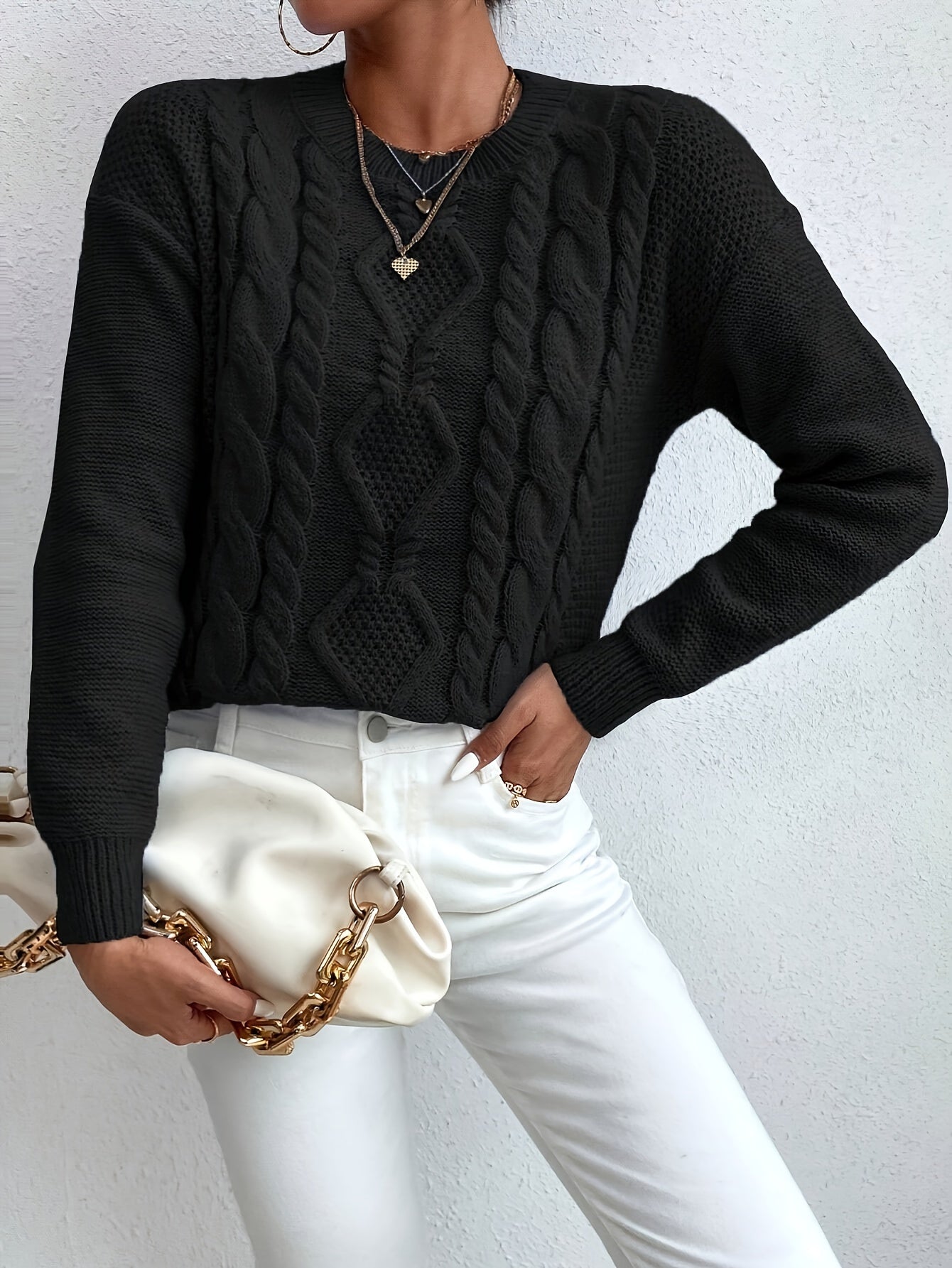 Womens Casual Round Neck Chunky Drop Shoulder Solid Colour Jumper