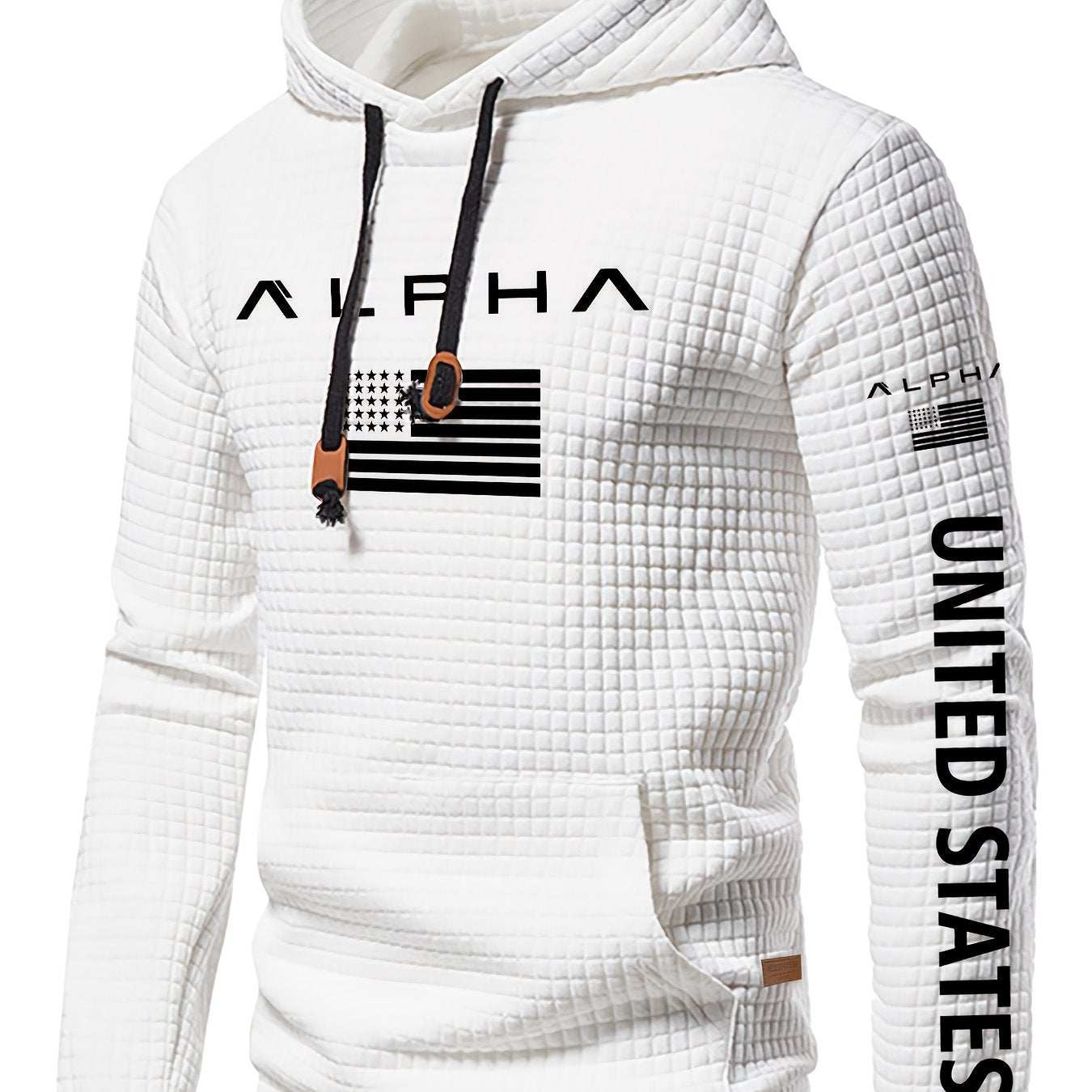 Mens Casual Letter Print Slim Fit Waffle Knit Pullover Hooded Swearshirt