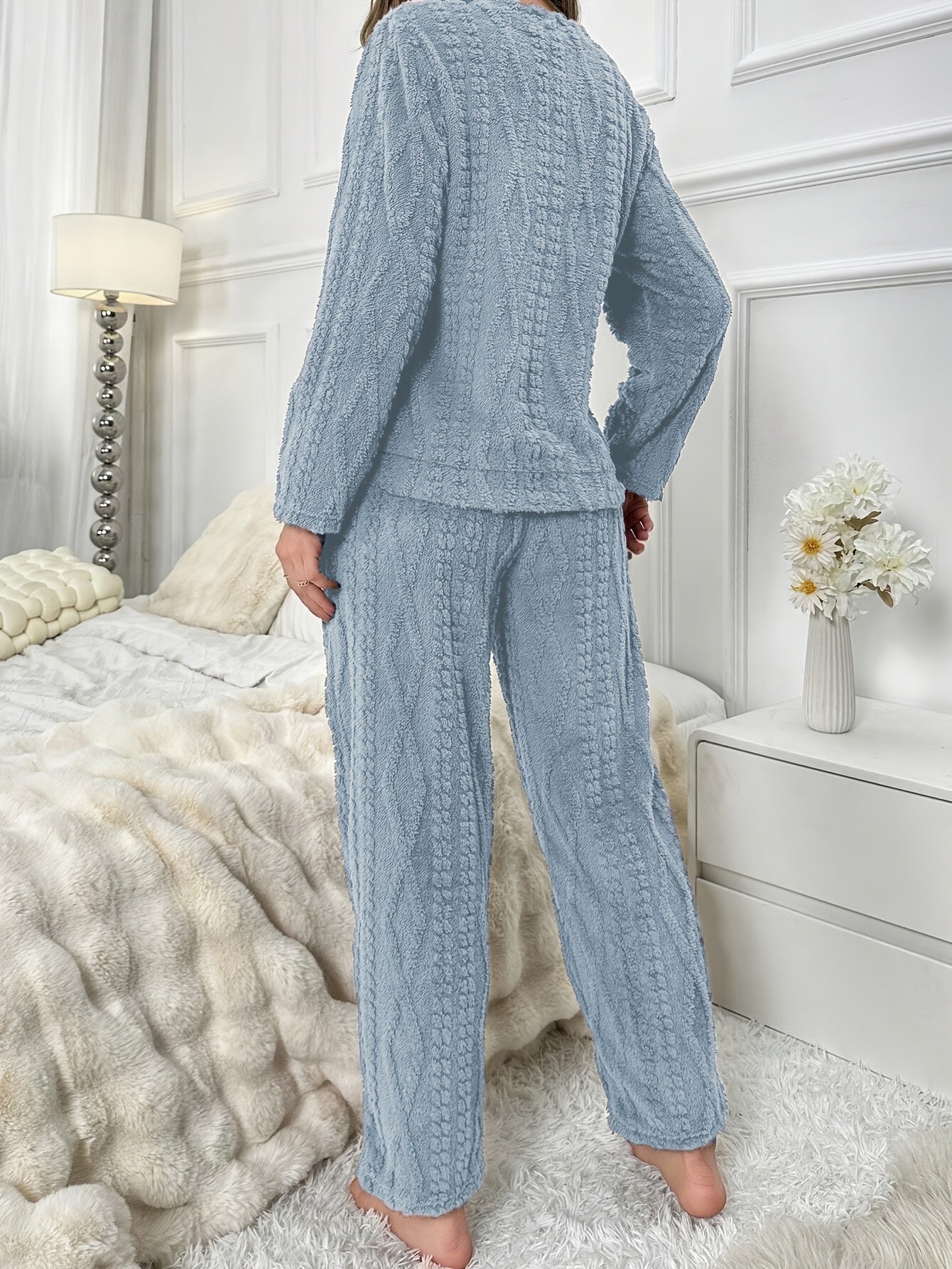 Womens Casual Bear Embroidered Thick Long Sleeve Round Neck Top & Pants Set