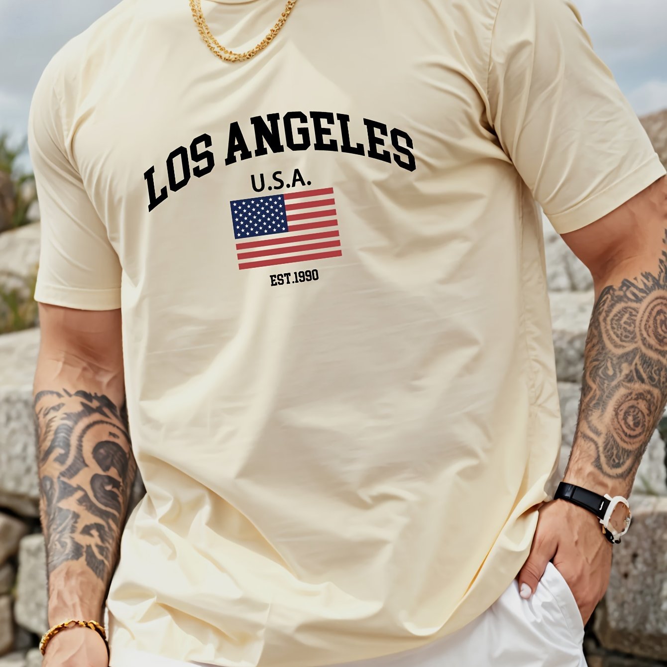 Mens Los Angeles USA Flag Print Casual Crew Neck T-Shirt