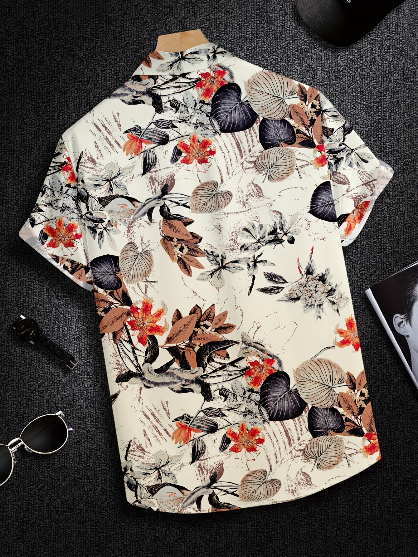 Mens Breathable Casual Short Sleeve Leaf Print Shirt