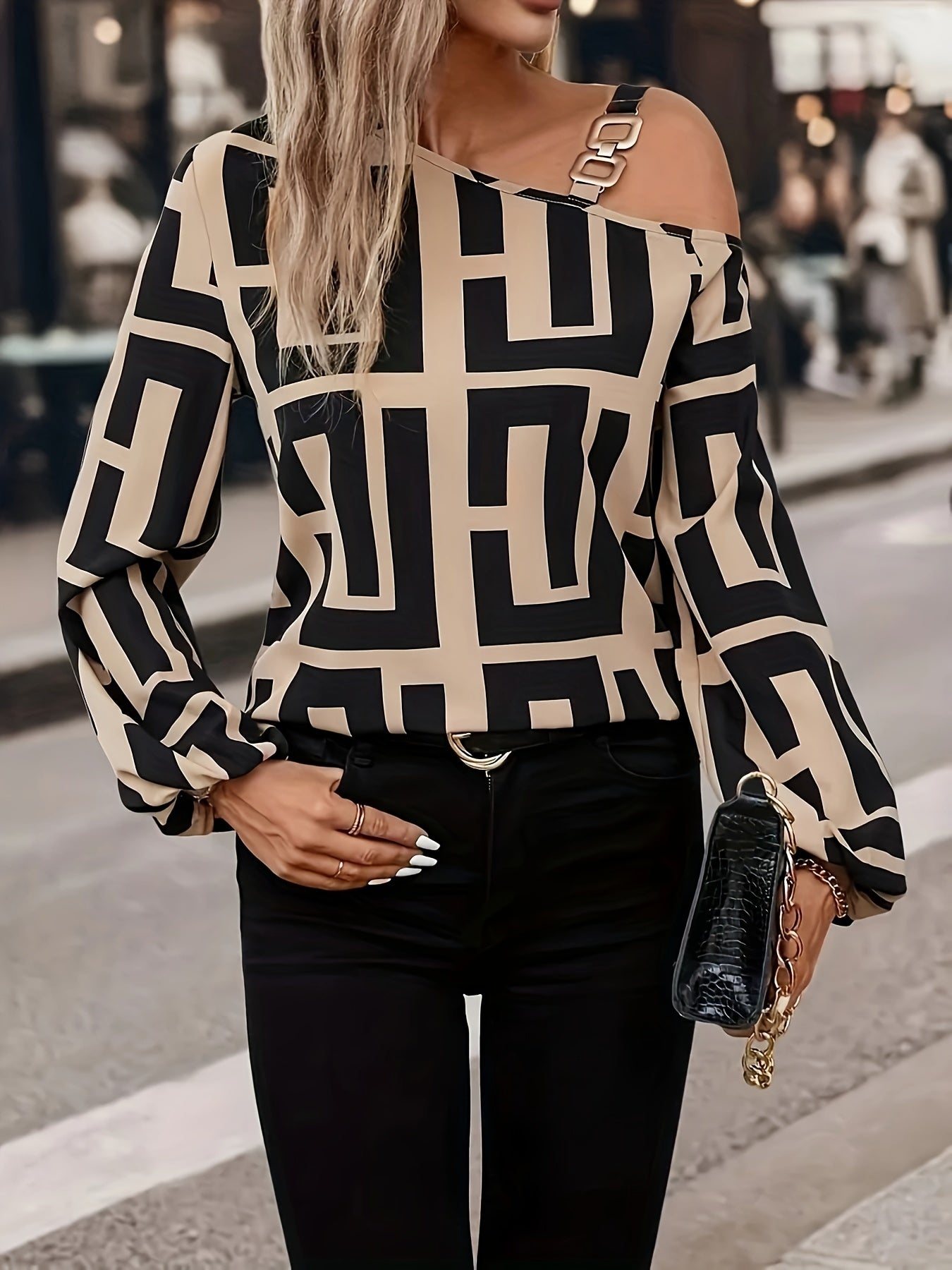 Womens Elegant Off-Shoulder Geometric Print Asymmetrical Loose Fit Chain Detail Top