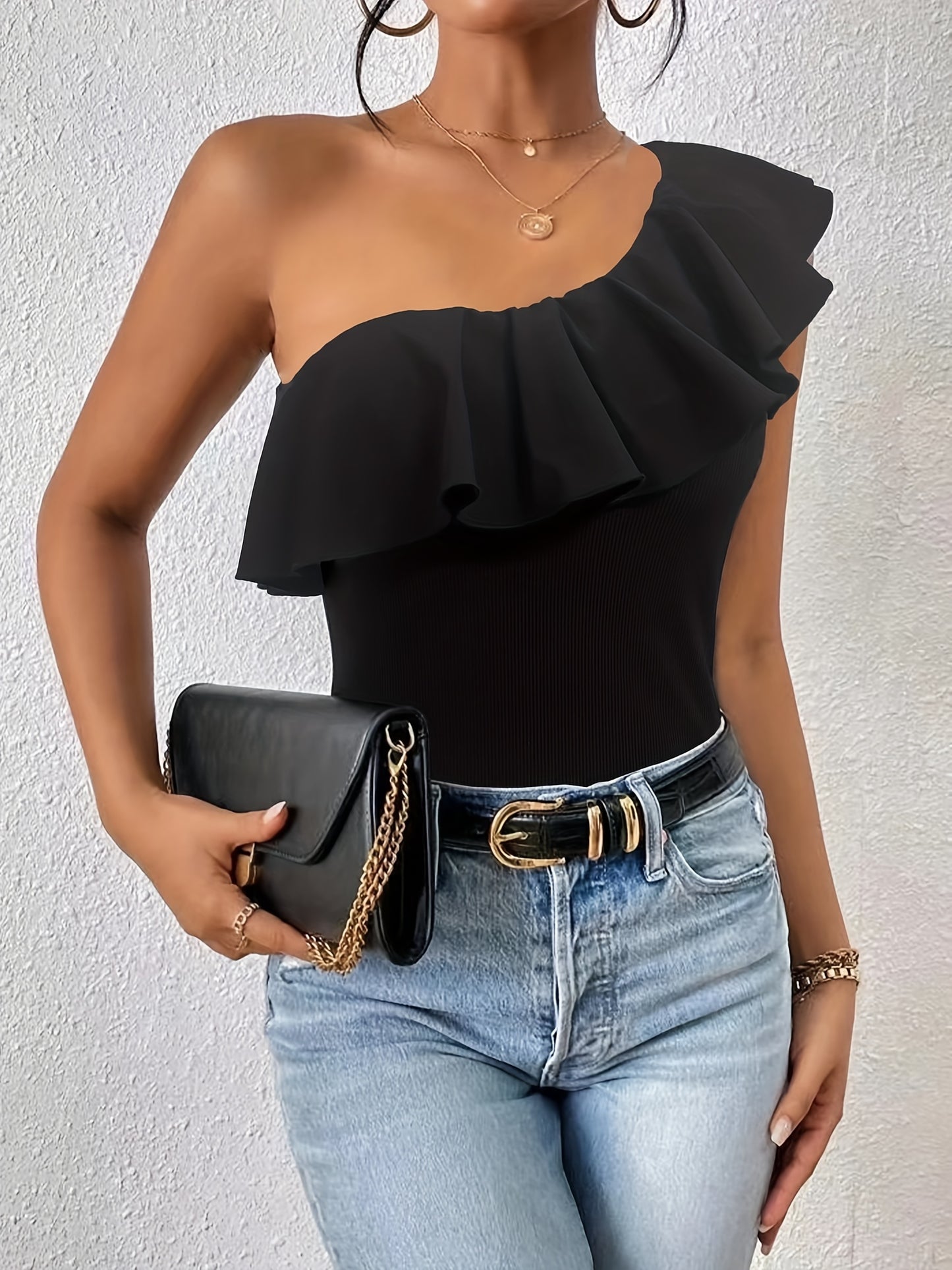 Womens Stretchy Off-Shoulder Ruffle Sleeveless Top
