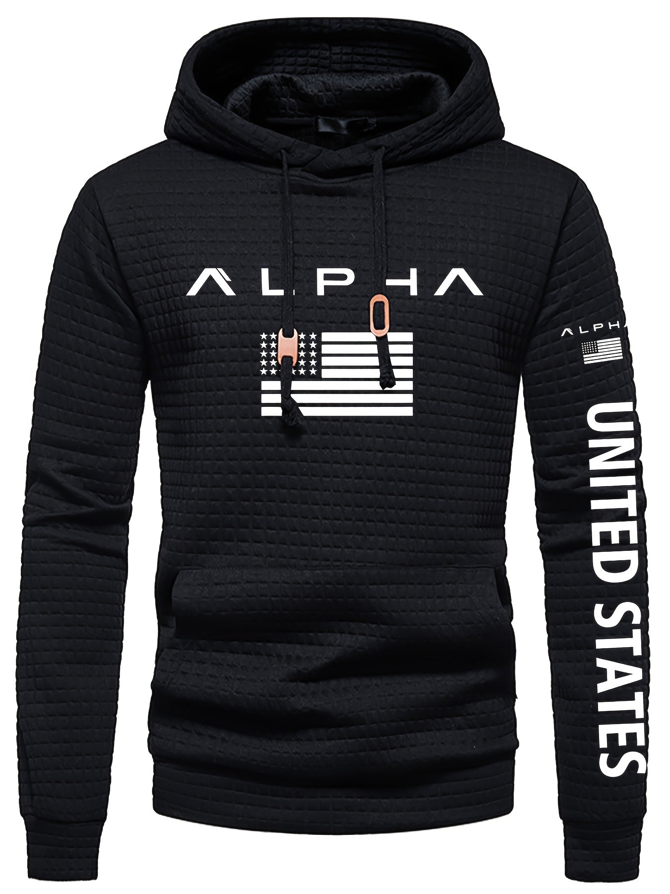 Mens Casual Letter Print Slim Fit Waffle Knit Pullover Hooded Swearshirt